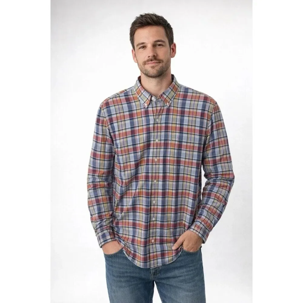 J Crew Tailored Madras Shirt Mens XL Button Front Long Sleeve Blue Plaid preppy